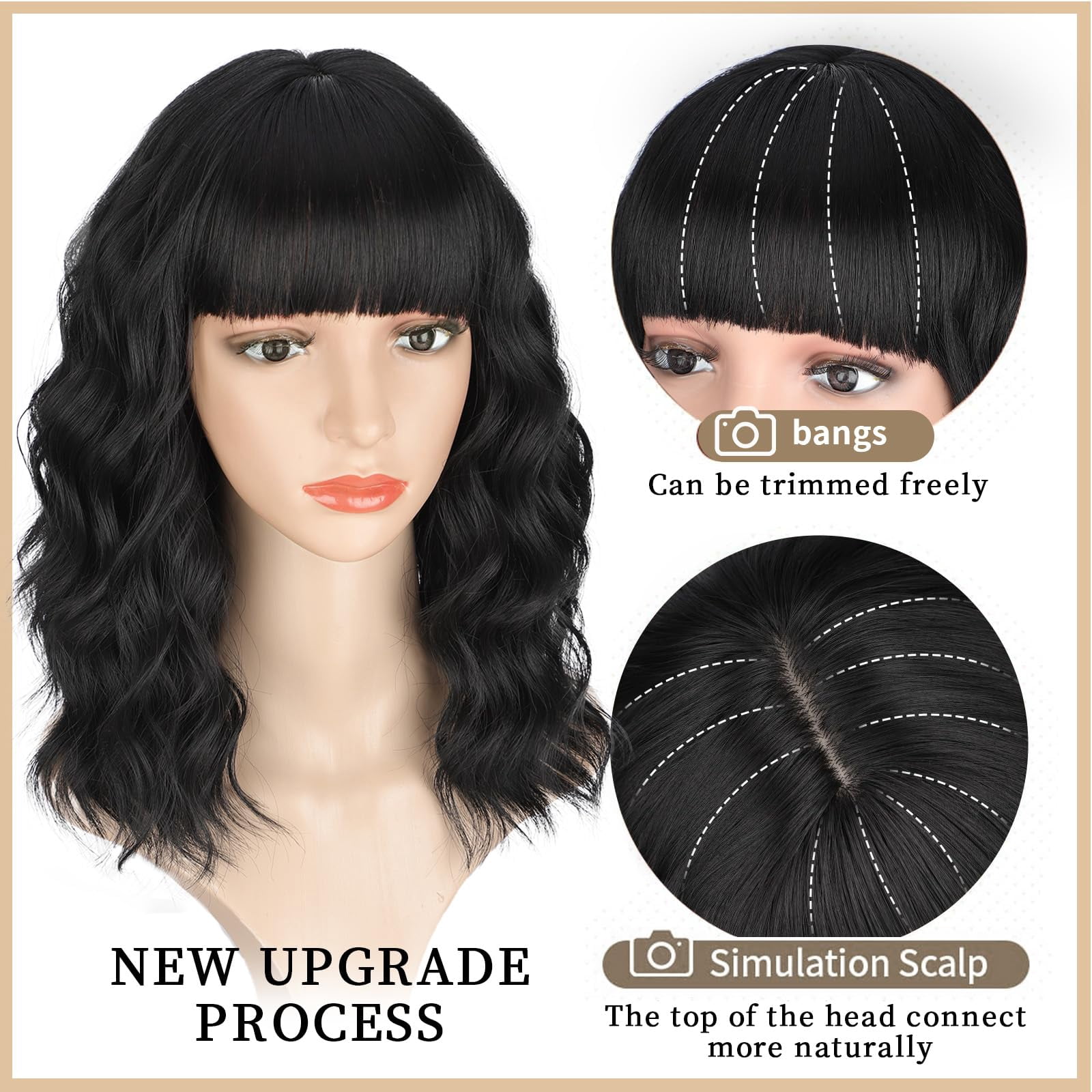 Wig with Bangs Short Bob Wigs for Women Shoulder Length Wavy Curly Wigs Synthetic Fiber Wigs 14 Inches for Daily Party Use
