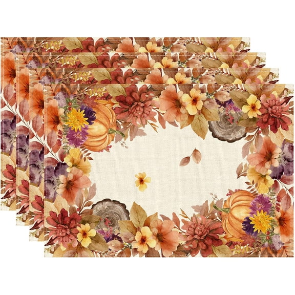 Fall Color Wild Flowers Watercolor Placemats Set of 4 for Party Home Kitchen Dining Table Decorations Table Mats 12x18 Inch