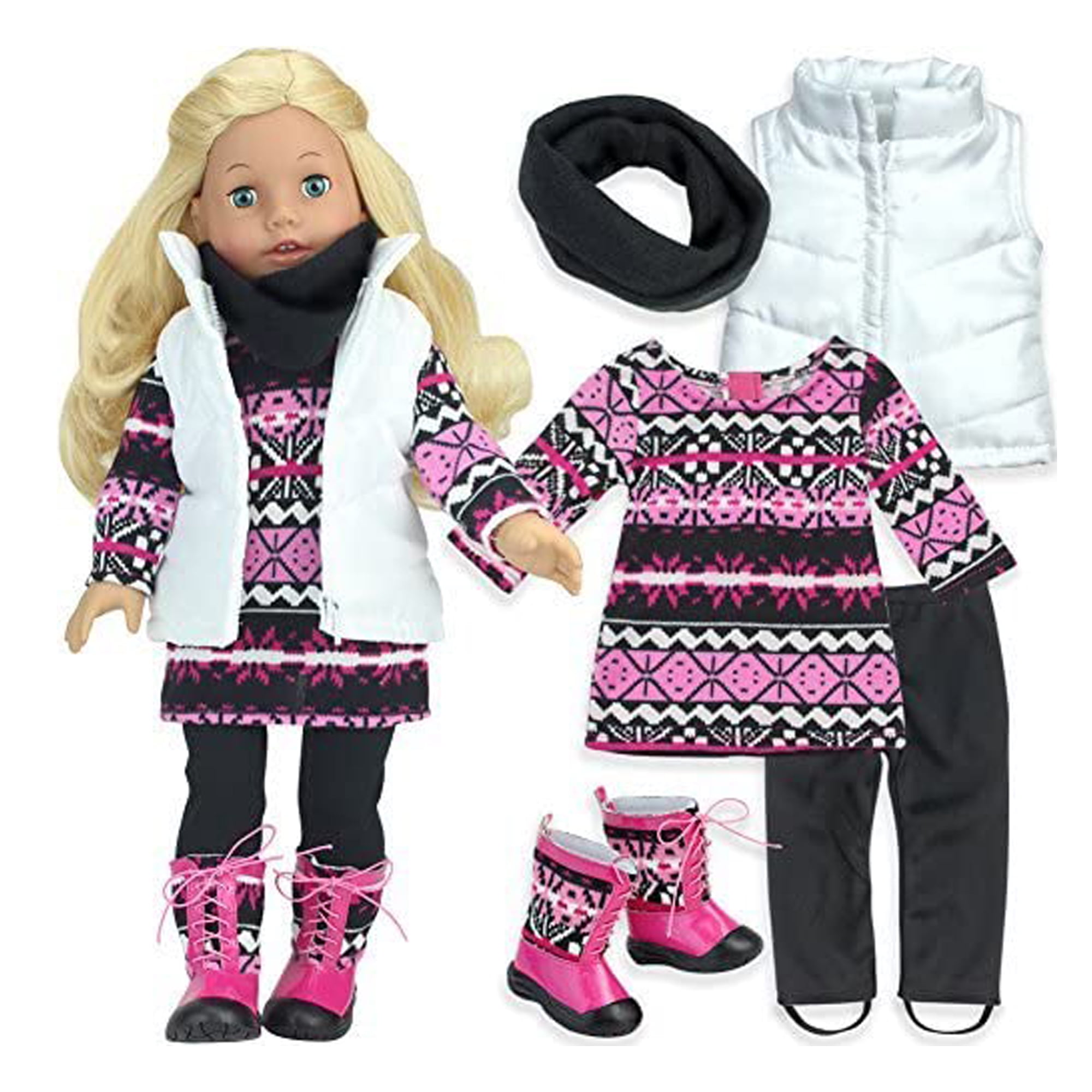 Sophia’s Dress, Leggings, Scarf, Vest, and Boots for 18' Dolls