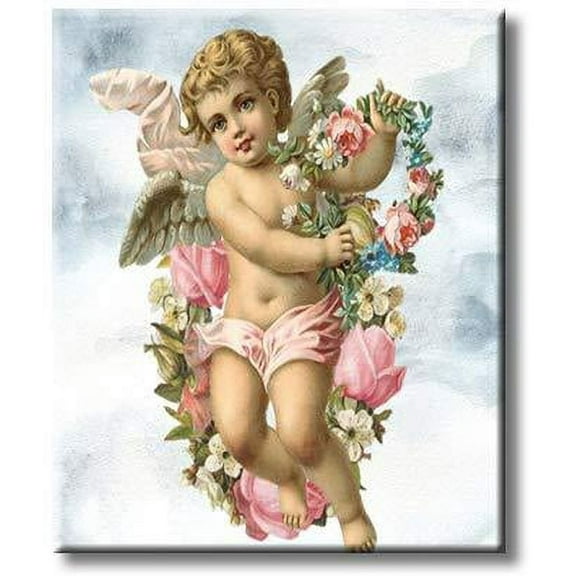 A Blond Cherub Cupid Angel Holding Flowers with Clouds Picture on Stretched Canvas, Wall Art Décor, Ready to Hang