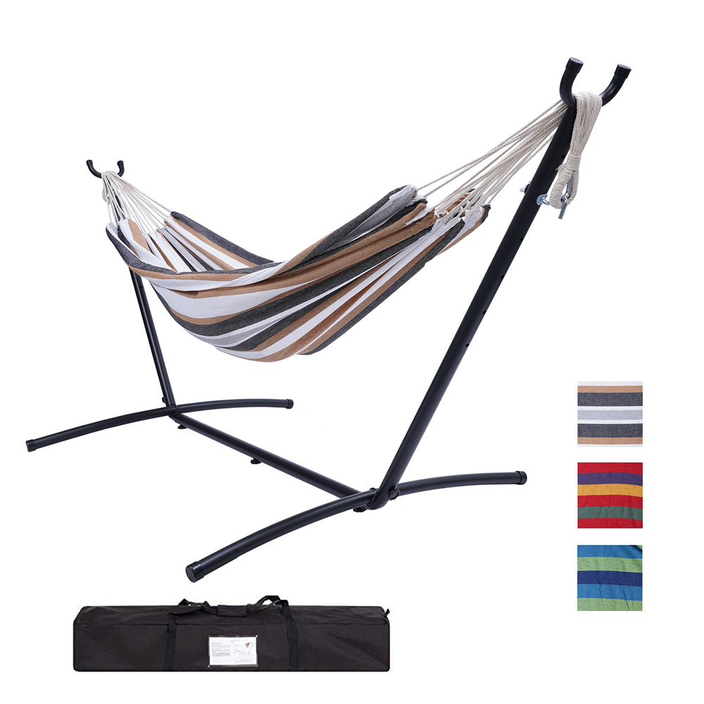 Hammock with Stand, Brazilian Style Hammock Bed with 9.3ft Heavy Duty Steel Stand and Carrying Bag, Portable Double Hammock for Patio Balcony Deck Indoor Outdoor, Max Load 450lbs, Easy Set Up, K3376 - image 1 of 9
