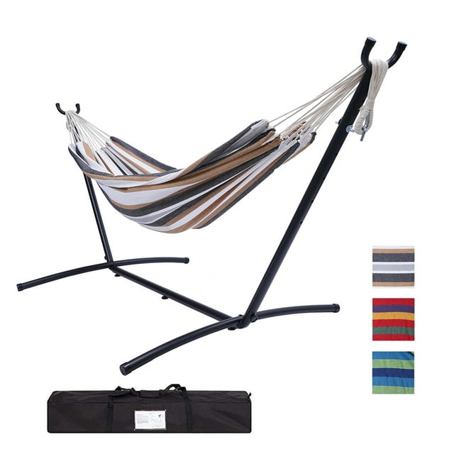 Hammock with Stand, Brazilian Style Hammock Bed with 9.3ft Heavy Duty Steel Stand and Carrying Bag, Portable Double Hammock for Patio Balcony Deck Indoor Outdoor, Max Load 450lbs, Easy Set Up, K3376