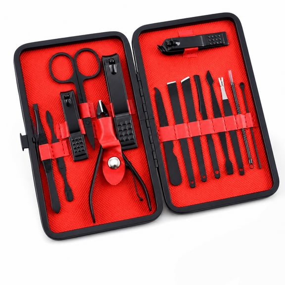 Ouxumoll 15-Piece Nail Clipper Set, Stainless Steel Manicure Kit with Cuticle Trimmer, Ear Pick, and Files, Professional Pedicure Tools for Home, Travel, and Salon, Black and Red Storage Case