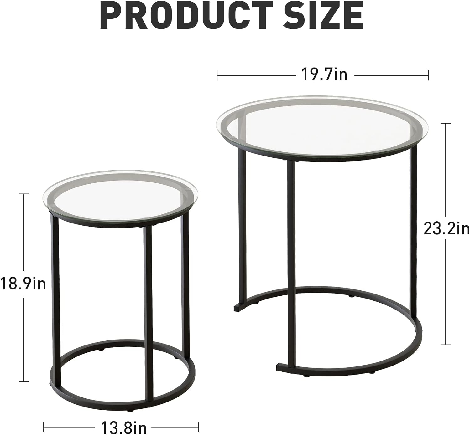 Nesting Coffee Table Set of 2,Modern Black Tempered Glass Side Table, Metal Frame Round End Table.Small Glass Tea Table for Living Room,Bedroom Studio Apartment Essentials,23.2In