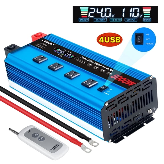 4000W 8000W Peak Pure Sine Wave Power Inverter Car Converter DC 24V to AC 110V/120V with 4USB & 4AC Outlets, LCD Display, Remote Control for Car, RV, Camping, Outdoor & Home Emergency Use Blue