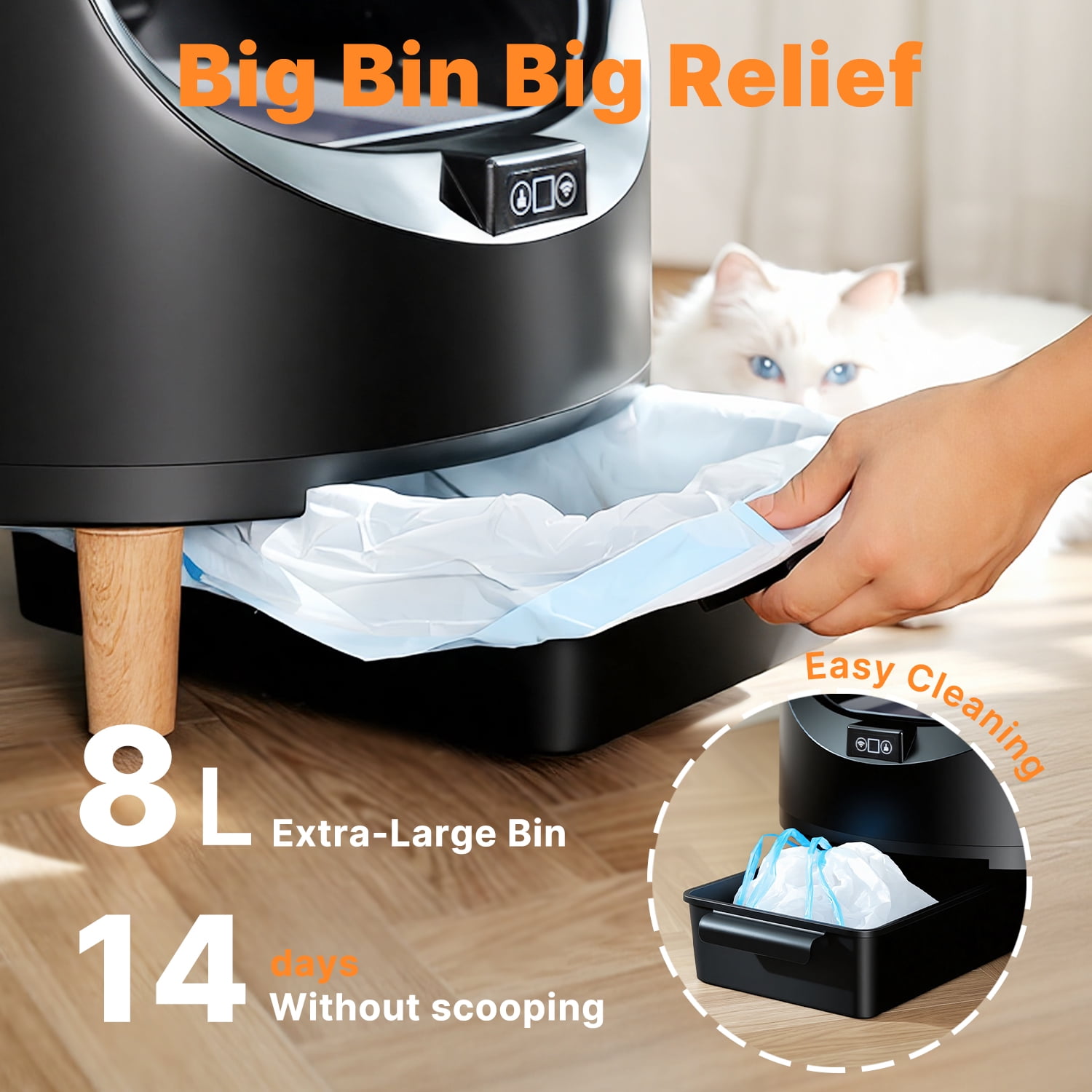 Self Cleaning Cat Litter Box, Open-Top Large Automatic Cat Litter Box with APP Control, Odor-Free Waste Disposal, Black