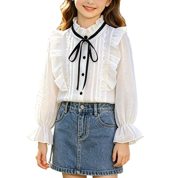 Agkizg Girls Ruffled Collar Button Down Shirt, Long Sleeve Blouse with Lace Hem, School Casual Top for Kids, Cute Layering Tee, Sizes 5-6 Years