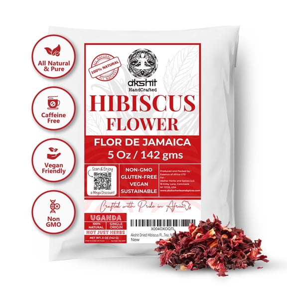 Akshit Dried Hibiscus Flowers, Whole Flower & Petals, Aromatic Hibiscus Tea, No Additives, Non-GMO, 5 oz