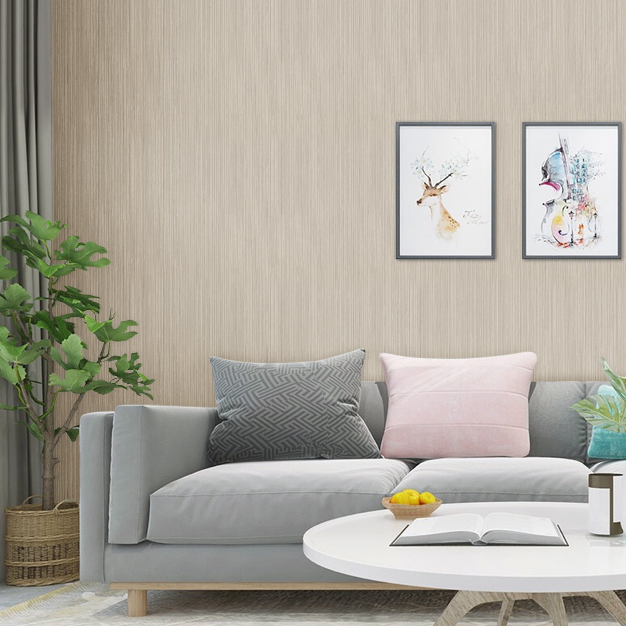 Abyssaly 17.7" x 393.7" Beige/Silver Grasscloth Peel and Stick Wallpaper Self-Adhesive Texture Wallpaper Removable Vinyl Film Solid Color Wallcovering Wall Paper for Furniture Wall