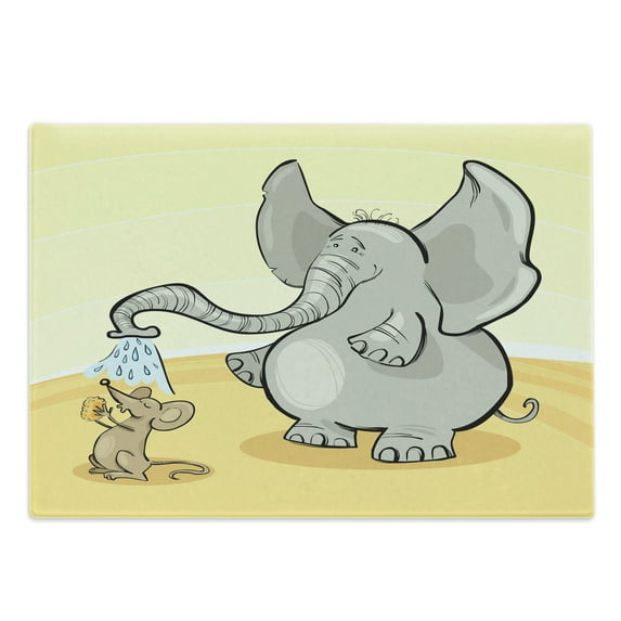 Animal Cutting Board, Funny Bathing Mouse Trunk in the Desert Cartoon Animal Print, Decorative Tempered Glass Cutting and Serving Board, Large Size, Grey Yellow Cream, by Ambesonne