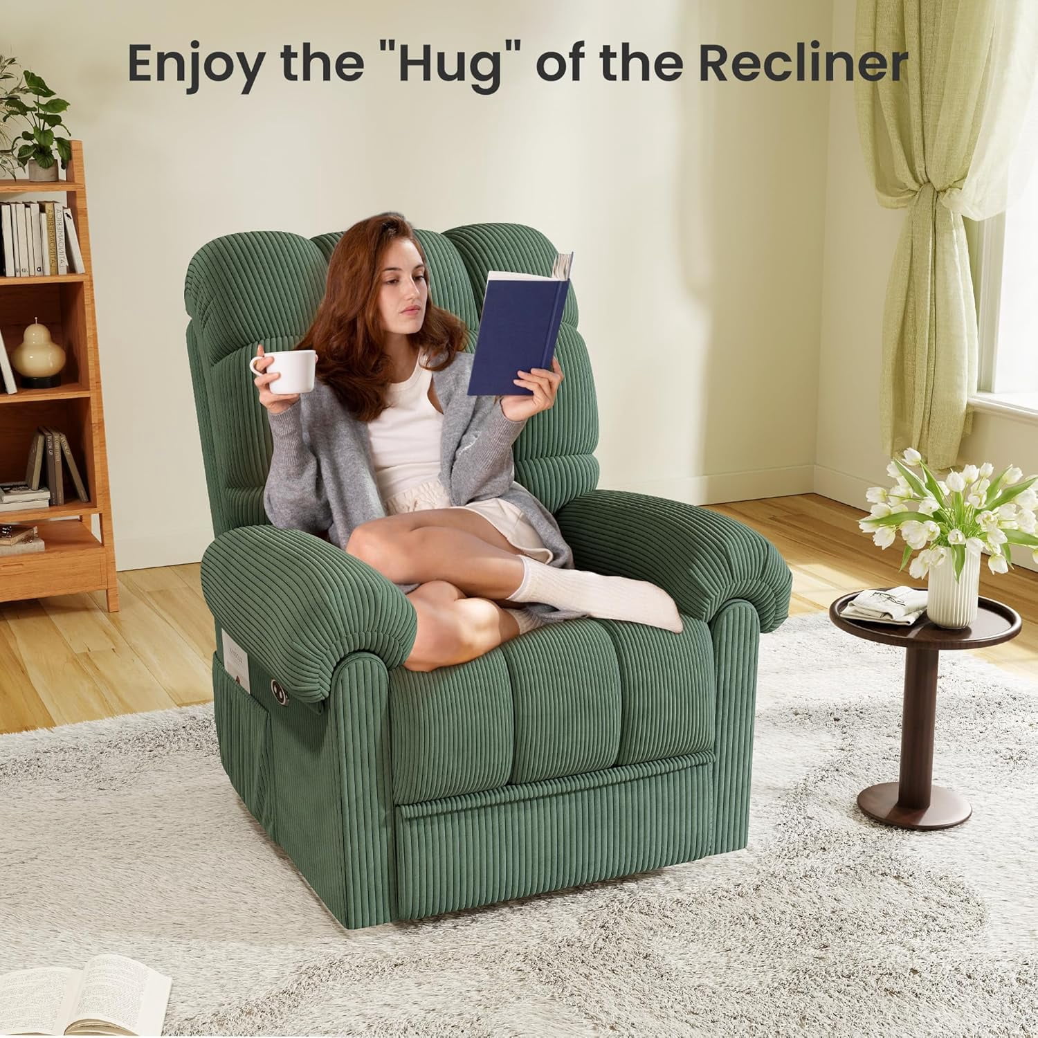 Neche Electric Recliner Chair, Comfy Lay Flat Sofa for Small Spaces, Living Room, One Box, Green