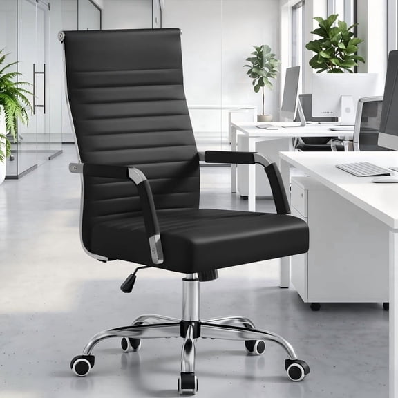 Vyrox Modern Office Chair, Mid-Back Faux Leather Swivel Reception & Conference Chair, Ergonomic Swivel Chair with Arms, Black