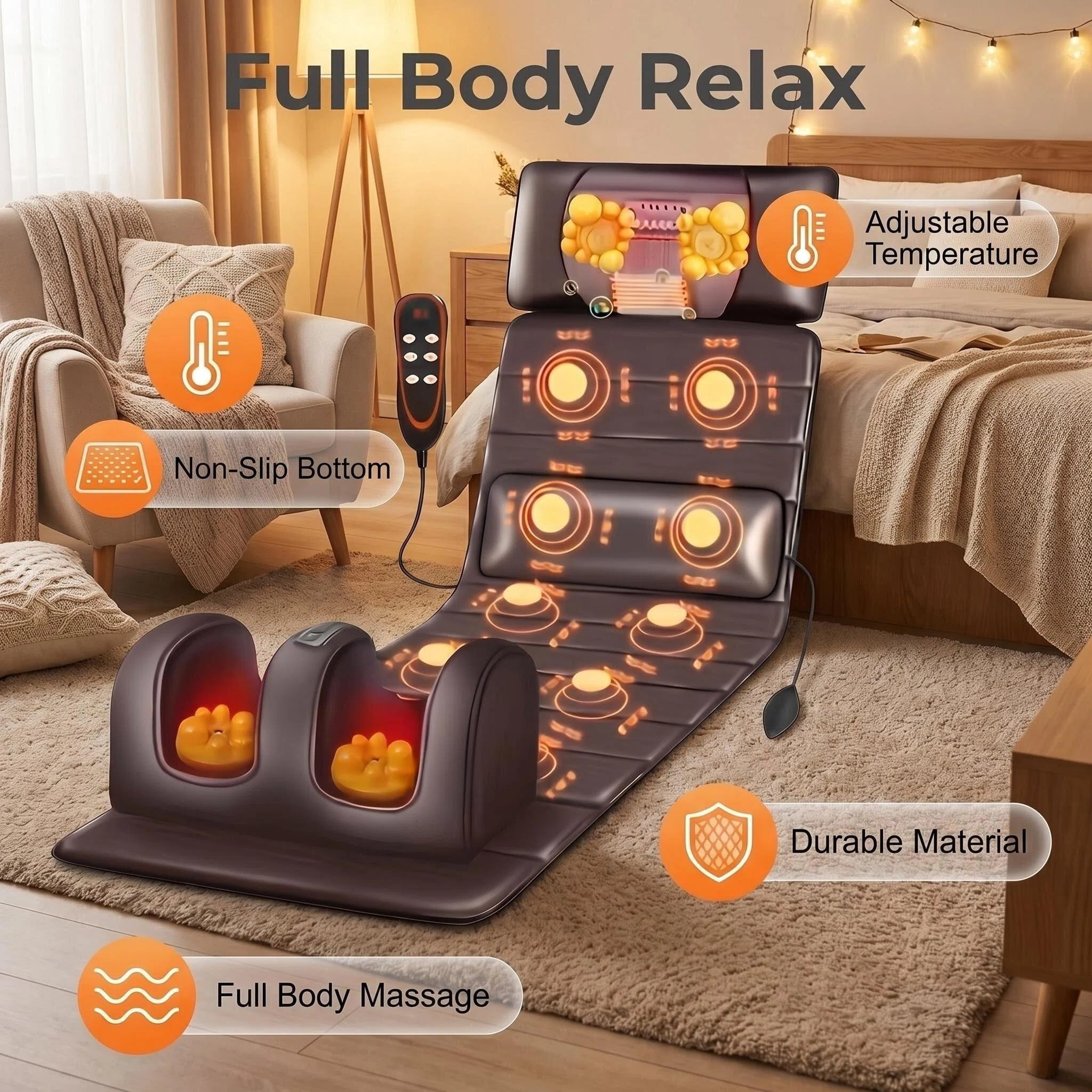 HEMXSZH Full Body Massage Mat with Remote Vibration & Heat, Foot Massager & Lumbar Cushion, Brown