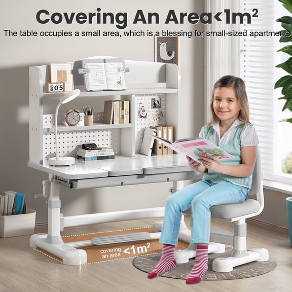 Study Desk And Chair Set for Kids, Height Adjustable Ergonomic Learning Table with Tiltable Desktop, Large Storage Drawer, Bookshelf, Hand-Cranked Lift, Sturdy Student Workstation(Grey) Clearance