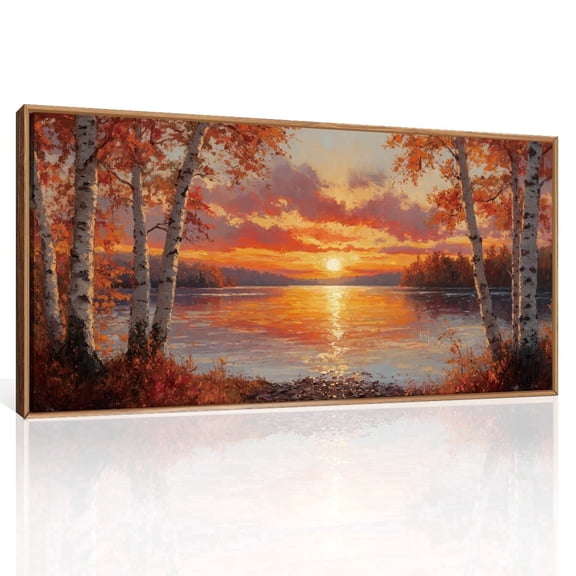 TOARTi Birch Tree Framed Canvas Wall Art Forest Lake Sunset Landscape Painting Natural Autumn Scenery Decor for Living Room Bedroom Office 20x40 Inch