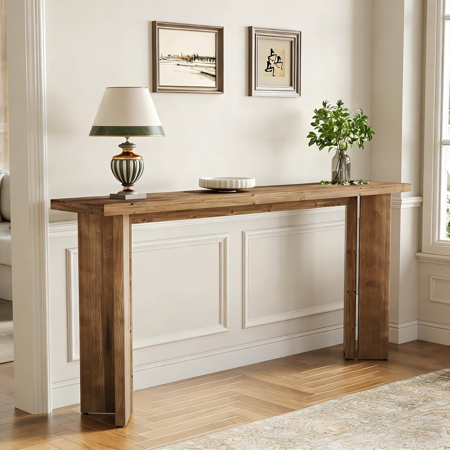 Finmind 70.9" Solid Wood Console Table, Extra Long Farmhouse Sofa Table for Entryway, Rustic Brown