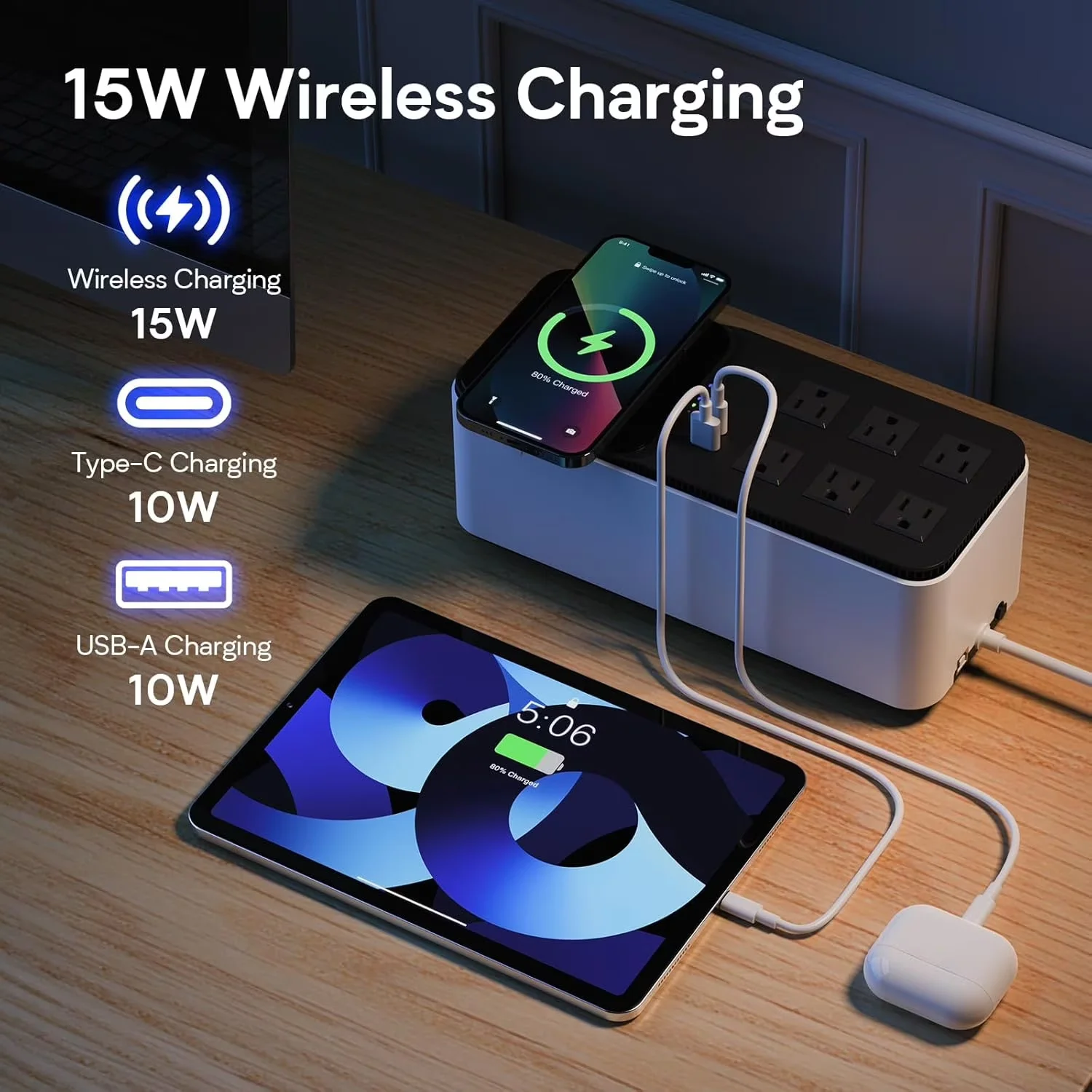 GOLDENMATE 600VA / 360W Lithium UPS Battery Backup & Surge Protector with Wireless Charging, 6 Outlets, USB Ports and LiFePO4 Battery