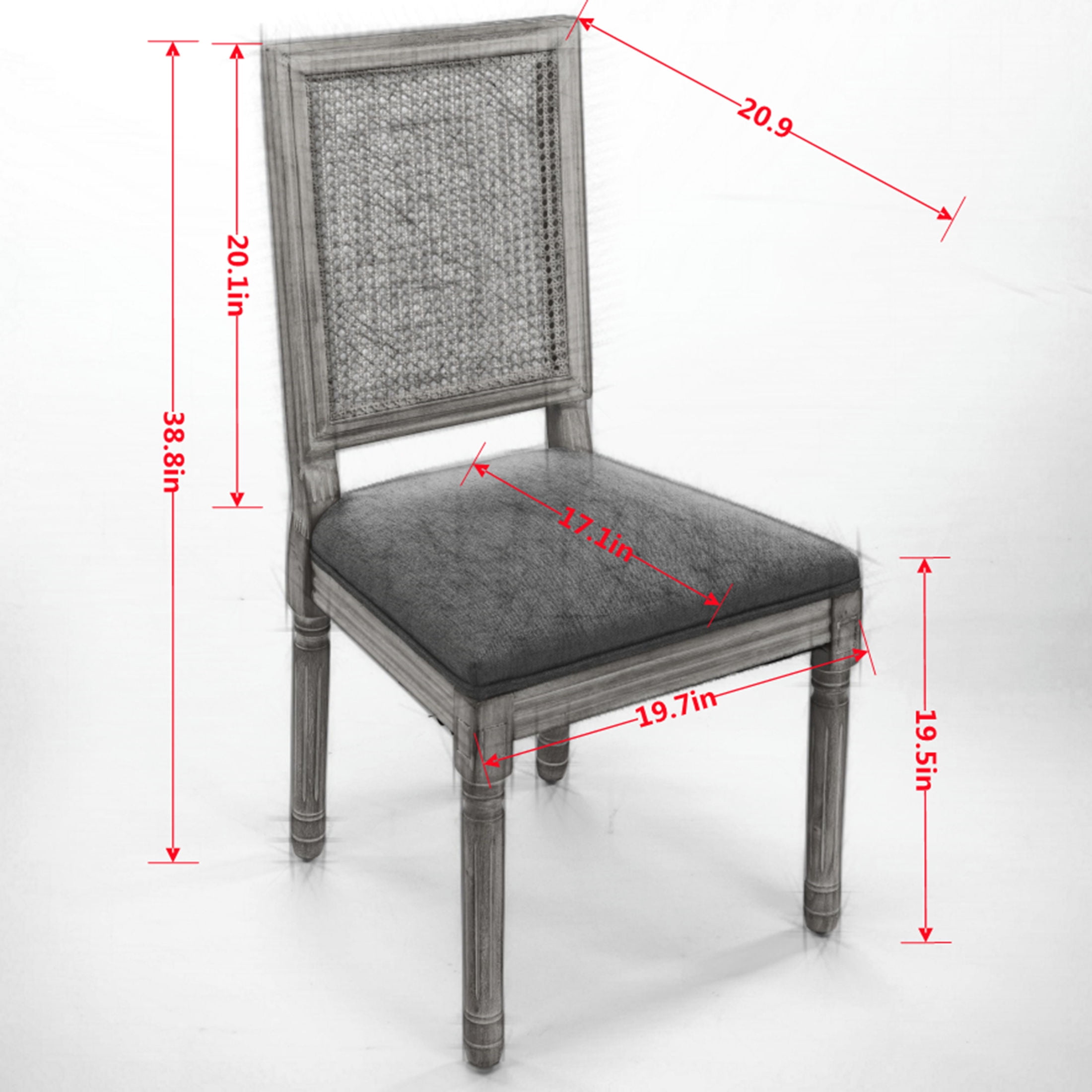 Noble House Set of 2 French Decor Dining Chairs, Rattan Backrest, Linen Fabric Seat, Gray