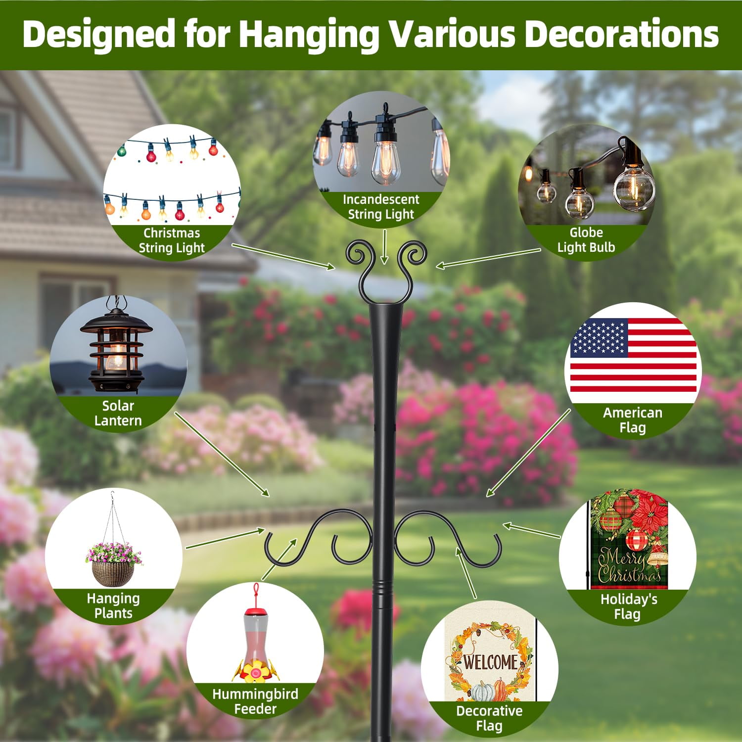 6 Pack 10Ft String Light Poles,Light Poles for Outside String Lights, Heavy Duty Metal String Light Poles for Deck, Outside, Outdoor Lights with Flag Stand