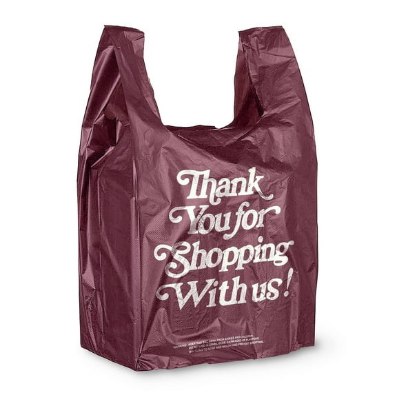 Maroon Thank You T-Shirt Bags, Reusable Poly Carry-Out, 1000 Count, 8 x 4 x 15 in