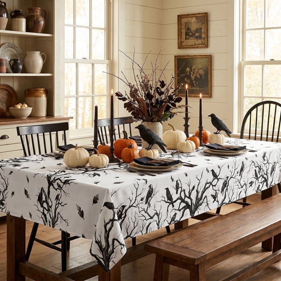 Sm:)e Crow Haunted Tree Halloween Tablecloth 60x84 Inch, Machine Washable Table Cover for Dinner/Party Decoration/Holiday