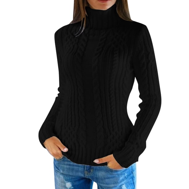 Gibobby Suéteres mujer, Suéter Ligero y Liso de Cuello Alto Camiseta para Mujer(Negro,G)