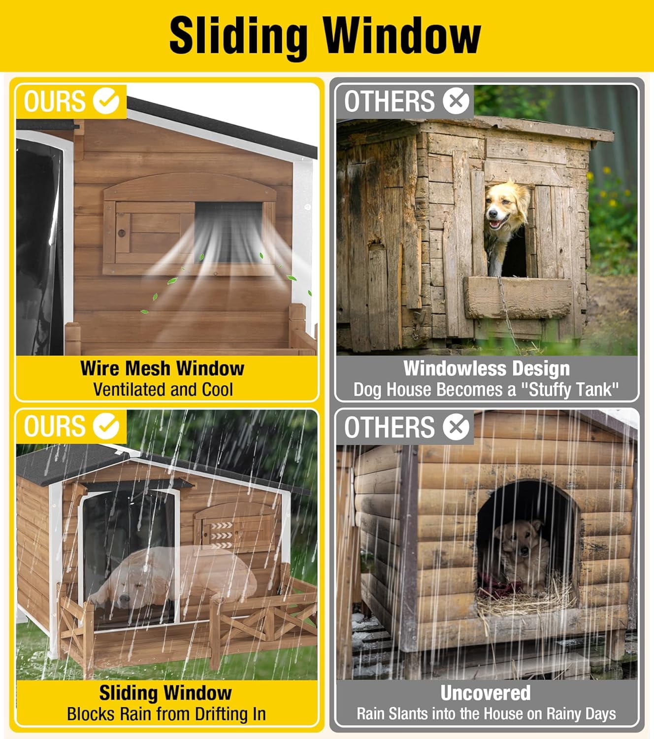 Aivituvin Dog House Outdoor with Anti-Chewing Metal Frame, Wooden Dog Kennel with Sliding Window, Detachable Floor, Weatherproof Roof - Brown