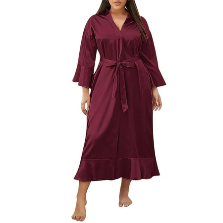 KVMeteor Womens Plus Size Satin Silk Lingerie Kimono Nightgown Robe Long Sleeve Sleepwear Babydoll Nightdress