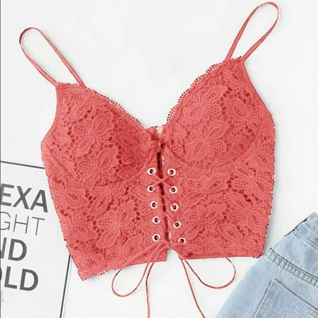 

TANGNADE Women s Eyelet Lace Up Sleeveless Spaghetti Strap Zip Back Crop Camisole Underwear Pink + XL