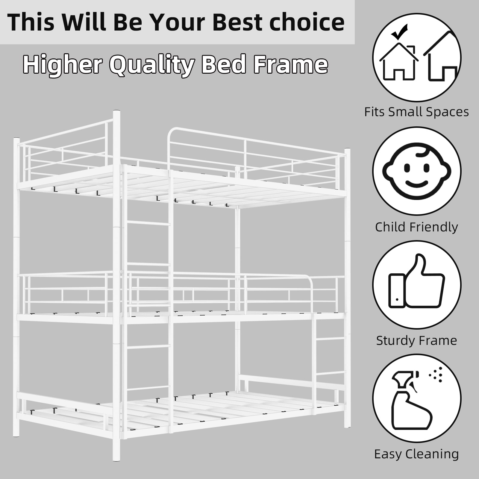 Alvantor Triple Bunk Bed for Kids Teens, Metal Twin Over Twin Over Twin Bed Framewith Ladders and Safety Guardrails White
