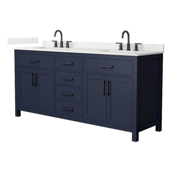 Beckett 72" Dark Blue Double Vanity & Giotto Quartz Top (3-Hole) & Black Trim