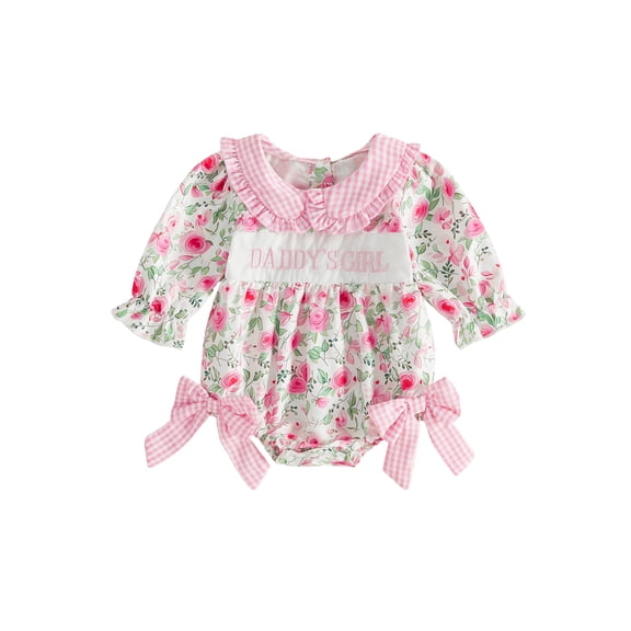 Cjfdfy Newborn Baby Girl Girl Floral Fall Outfit Romper Daddy's Girl Floral Print Long Bubble Sleeve Doll Collar Bowknots Jumpsuit Baby Cute Sweet Fall Winter Outfit 0-18 Months