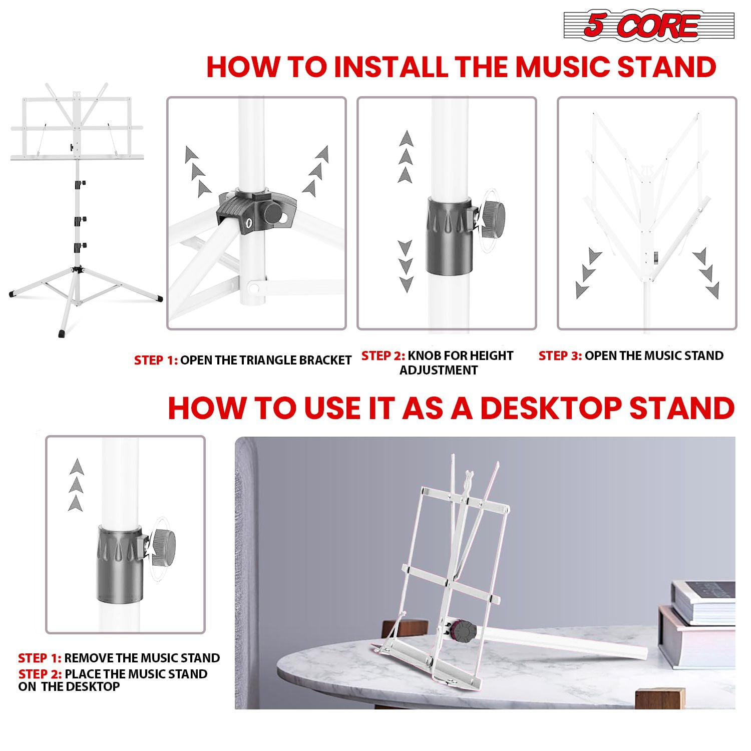 5Core Music Stand For Sheet Music Portable Tripod Adjustable Folding Note Holder