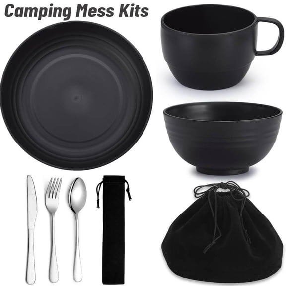 Camping Essentials Set, Camping Plates and Bowls Set, Coffee Mug, Travel Cutlery Set Include Spoon, Fork, Knife for Work, Outdoor,Picnic, Camp