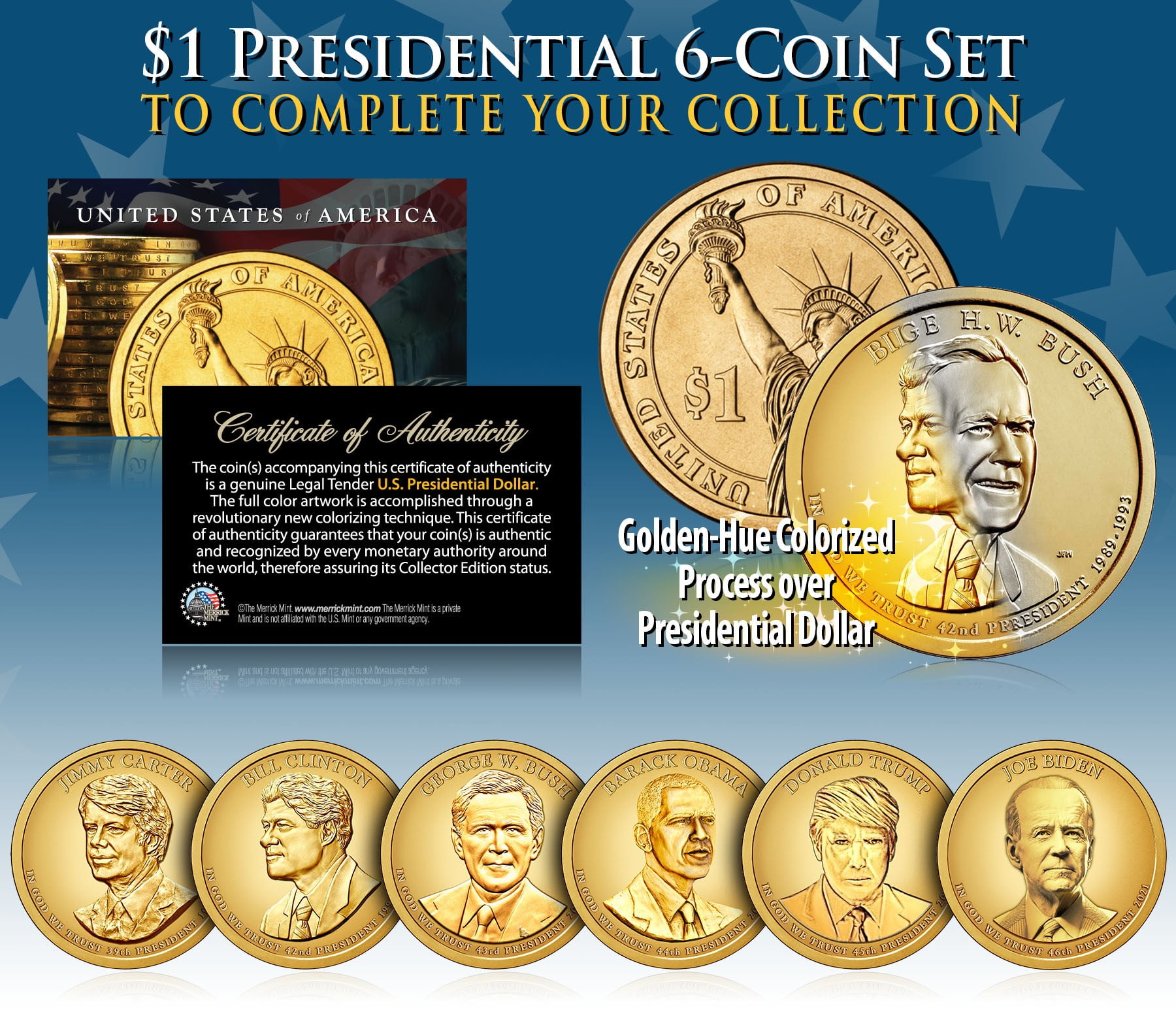2011 U.S MINT 24K GOLD PRESIDENTIAL $1 DOLLAR COINS COMPLETE SET OF 4 *
