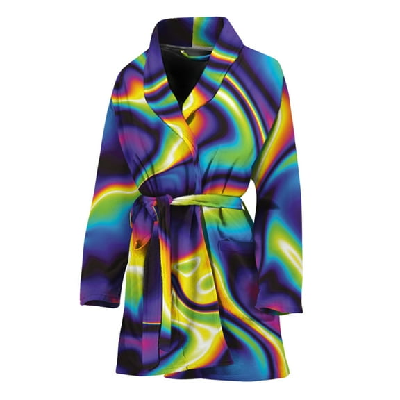 Psychedelic Wavy Women Bathrobe One Size Univeral Fits, Psychedelic Fashion Lightweight Plush Fleece Long Robe For Women