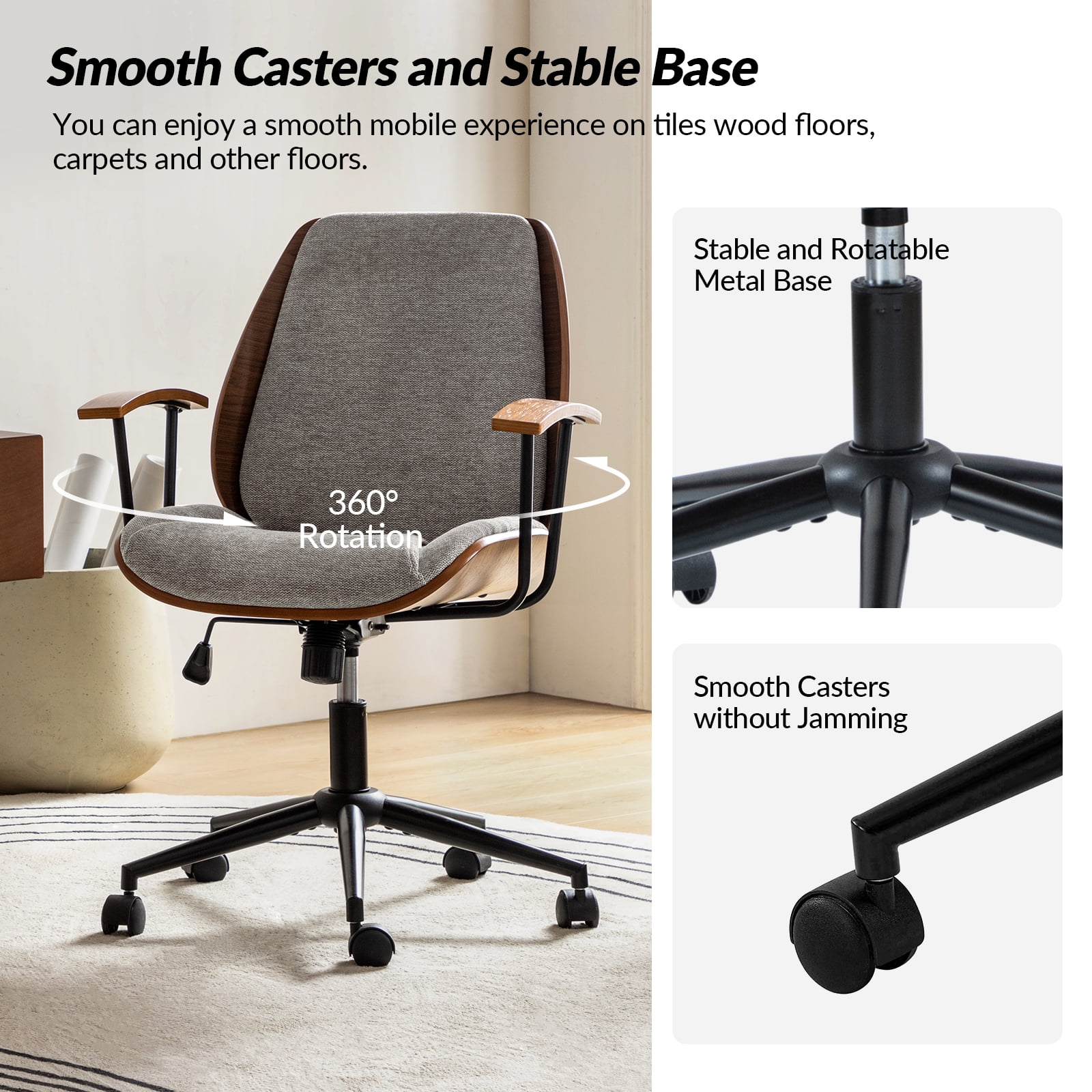 Ergonomic Adjustable Swivel Office Chair with Solid Wood Backrest and Premium Comfort Tan Cushion for Home Workplace