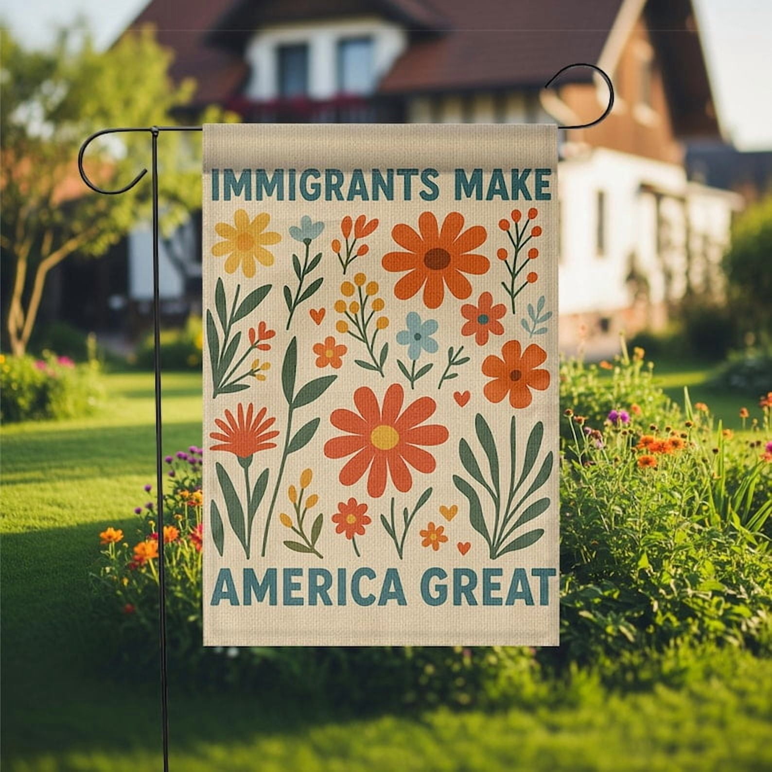 TiniDecor Immigrants Make America Great Garden Flag – 36”x60” Colorful Floral Yard Banner, Outdoor Decor