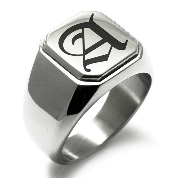Tioneer Stainless Steel Letter A Initial Old English Monogram Engraved Engraved Square Flat Top Biker Style Polished Signet Ring