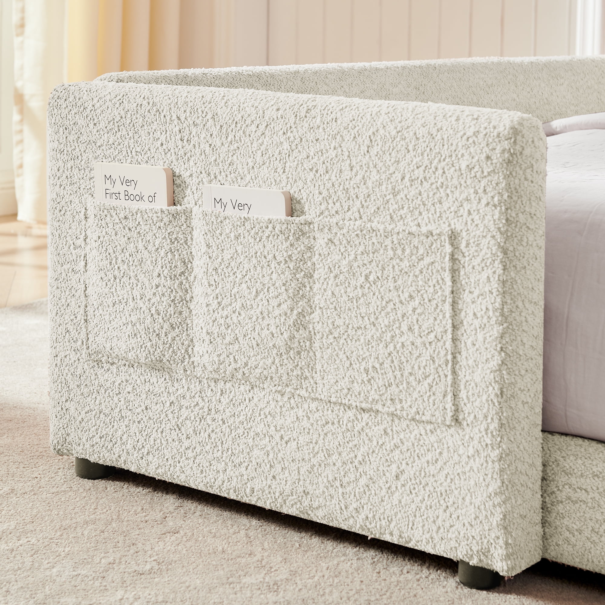 Oufan Full Size Platform Bed w/ Rabbit Ear Shaped Headboard, Boucle Bed Frame w/ Safety Rail & Wooden Slats Support for Girls, No Box Spring Needed