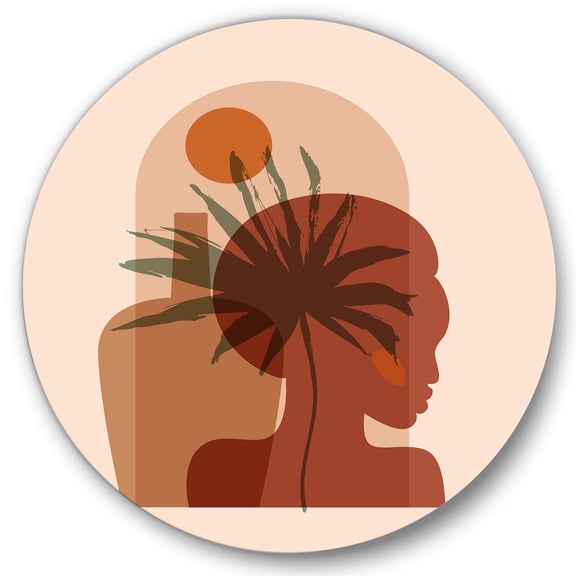 Designart 'Abstract Pretty Girl Portrait and Tropical Palm Leaf' Modern Circle Metal Wall Art 36x36 - Disc of 36