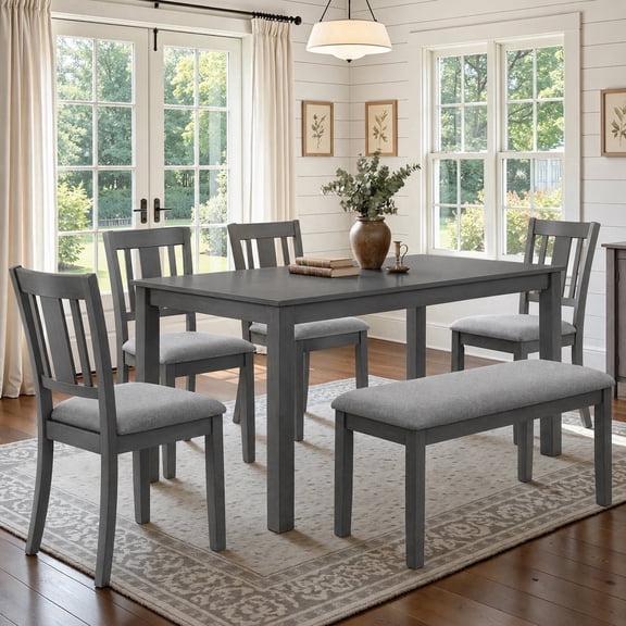 Dining Set for 6, LEGAHOME Farmhouse 6 Piece Dining Table Sets with Bench, Solid Wood Rectangular Dining Room Table and Chairs Set, Gray