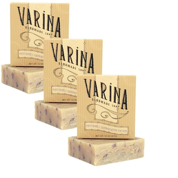 Jabón de sándalo Varina Patchouli - Limpieza suave para pieles sensibles aromas terrosos - Paquete de 3 jabón hecho a mano