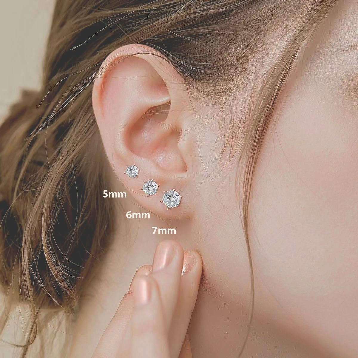 Solid 925 Sterling Silver Cubic Zirconia Stud Earrings for Women Teens Round CZ Stud Earrings 3 Pairs Stud Earrings Set Simulated Diamond Studs
