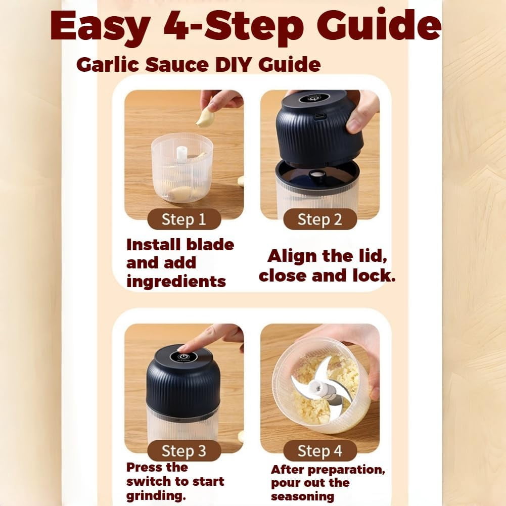 Cordless Multifunctional Mini Electric Garlic Chopper, Mini Electric Food Chopper, 4 Blades Wireless Food Processor for Garlic, Onion, Ginger, Chili, Vegetable, Meat, Nuts, Spices, Fruit