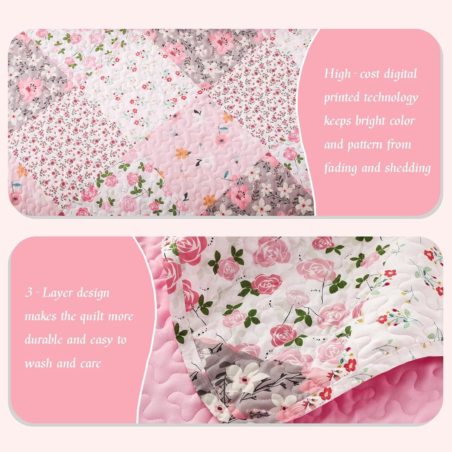 Whale Flotilla Reversible Patchwork Quilt Set Queen Size, Lightweight Boho Printed Bedspreads Coverlets Quilts Bedding Set with 2 Pillow Shams for All Seasons, Pink
