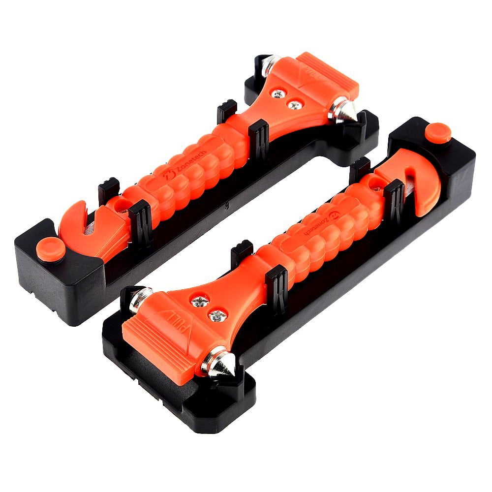 Zone Tech 2-Pack Car Emergency Life Hammer - Dual Steel Hammer Heads that Easily Smash Car Windows Razor-Sharp Seat Belt Cutter Slices Through Seat Belts Quickly & Safely