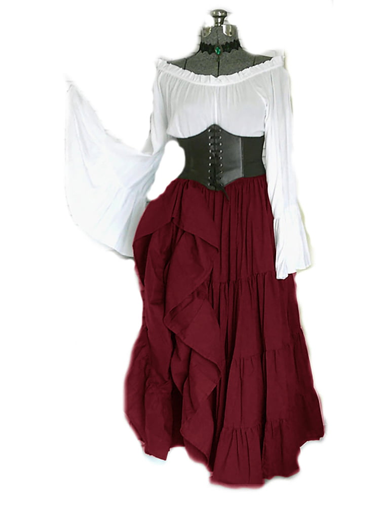 Women Medieval Vintage Dress Ruffle Cuff Maxi Skirt Long Gown Cosplay Dress 