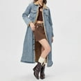 thumbnail image 4 of Women's Long -Shearling Lined Denim Jacket Oversized Button Down Maxi Jean Coat Classic Lapel Outercoat, 4 of 9