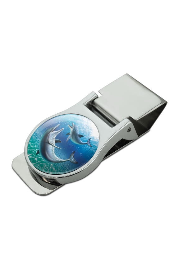 Dolphin and Baby Having Fun Ocean Satin Chrome Plated Metal Money Clip